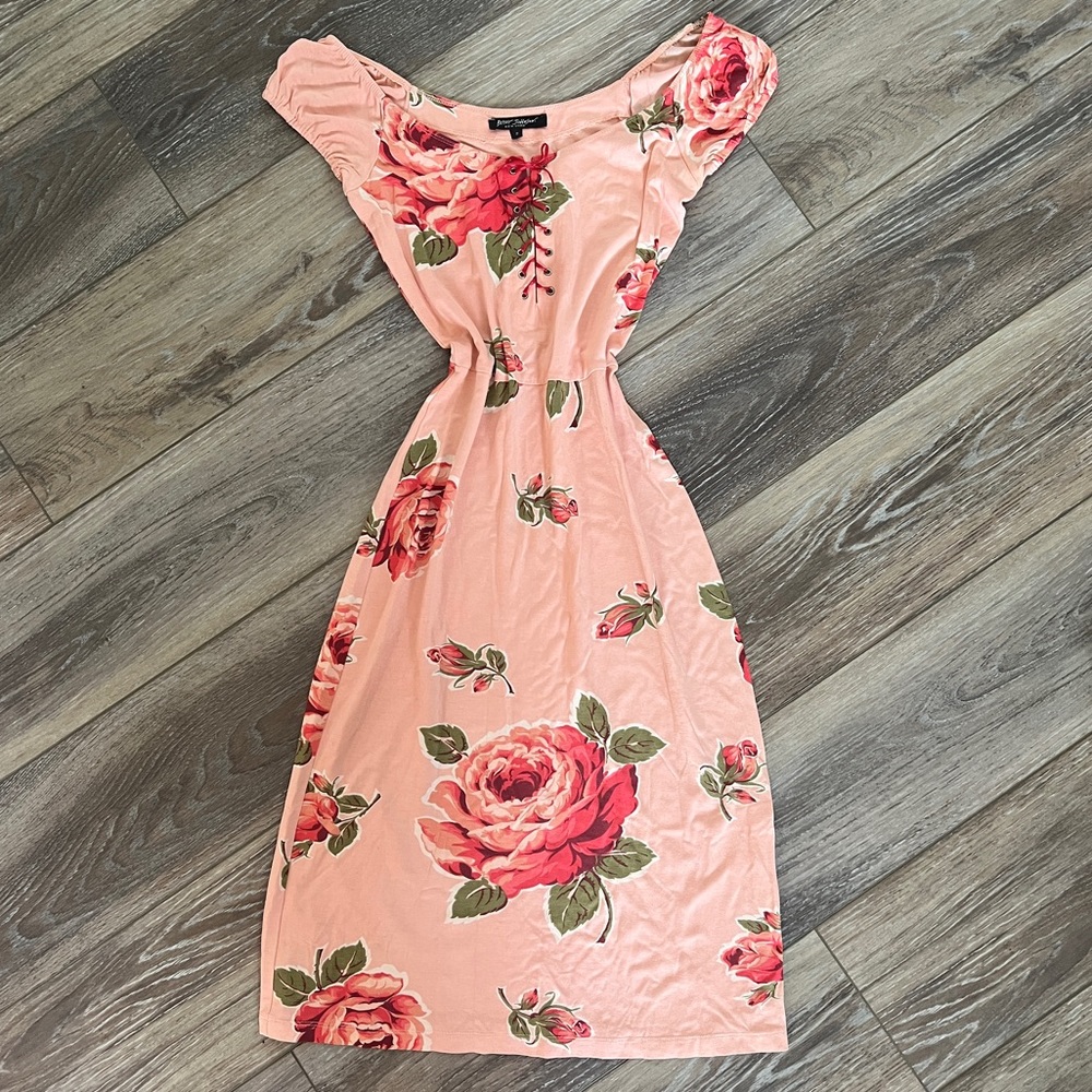 Vintage pink floral rose Betsey Johnson midi dress